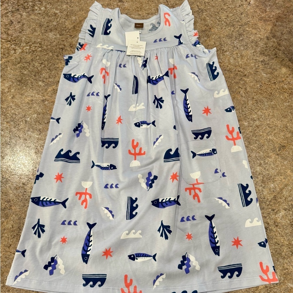 New Tea Collection Ocean Print Ruffle Sleeve Dress with Pocket – Size 8